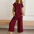 thumbnail image 3 of zanvin Ensembles 2 Pcs pour Femmes, Ensembles Assortis d'Été 2 Pcs pour Détente pour Femmes, Tenues Unies en Lin, Hauts à Col Rond à Manches Courtes et Pantalons Longs, Survêtements, 3 of 4