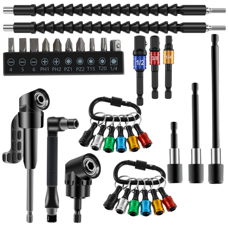 33-Piece Hex Shank Screwdriver Bit Holder Kit – Flexible Drill Extensions, Right Angle Adapters & More