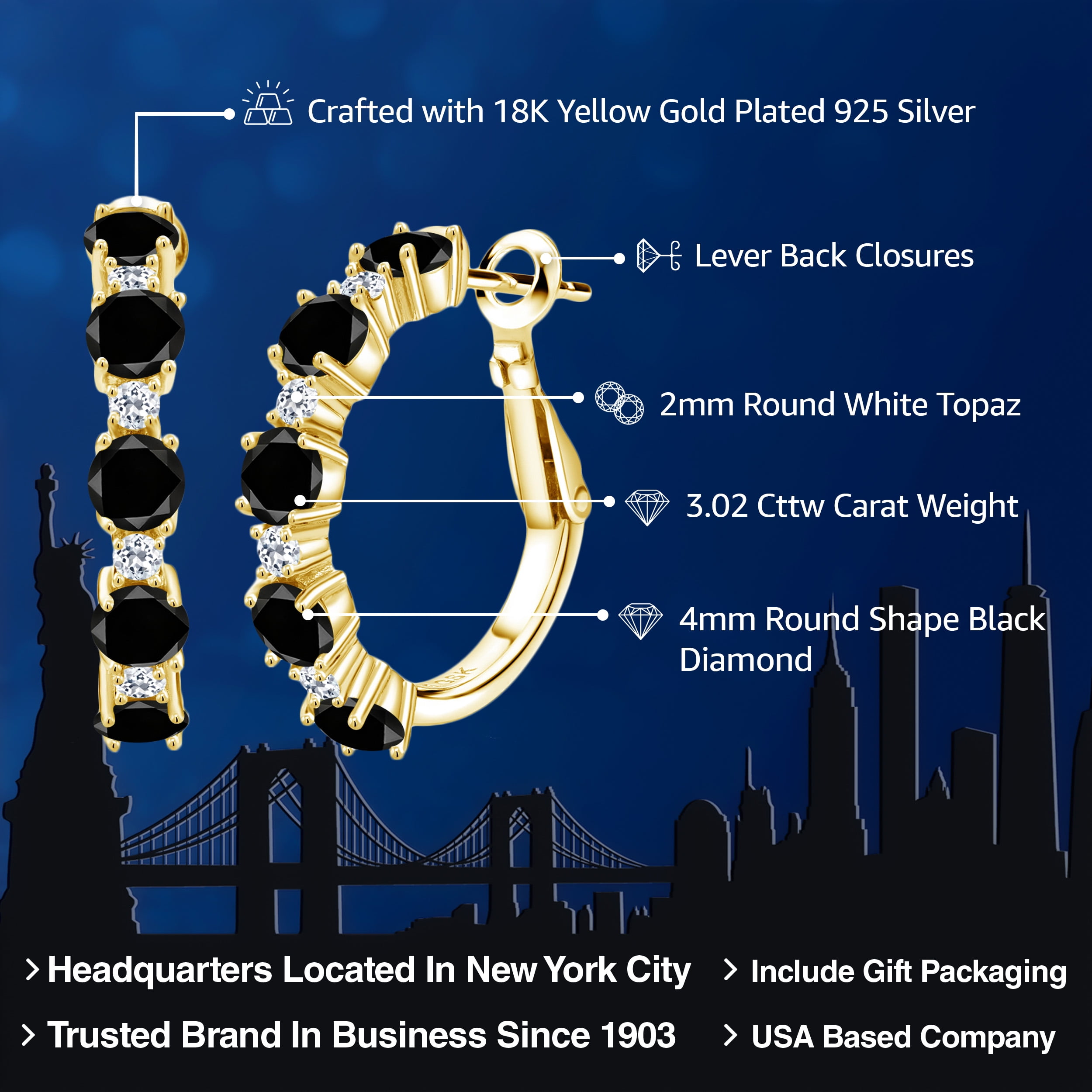 Gem Stone King 18K Yellow Gold Plated Silver Black Diamond and White Topaz Hoop Earrings for Women (3.02 Cttw, Round 4MM and 1.9MM, Gemstone Birthstone 1 inch Diameter)