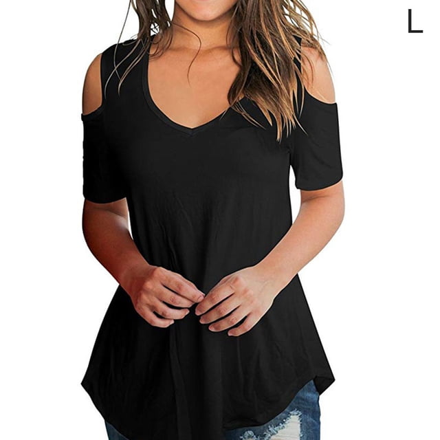 Blusa suelta de manga corta con camiseta sexy para niña con hombros descubiertos, negro, L Vogacara AP001291-03