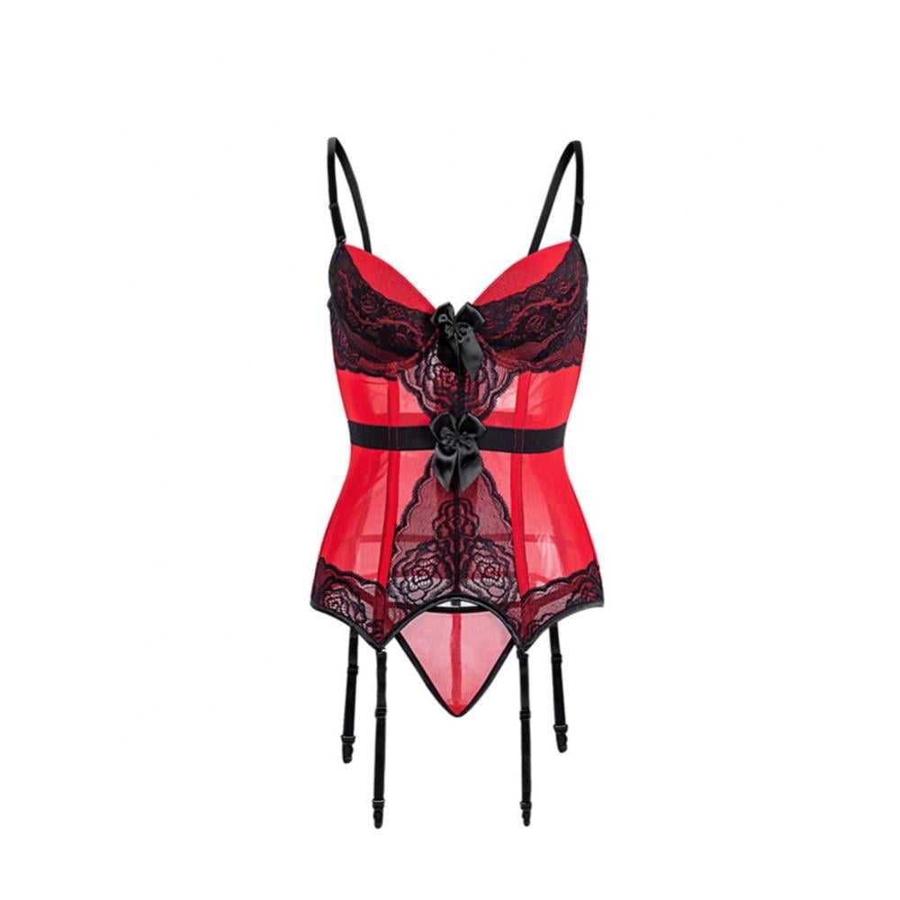 Red/Black Floral Lace Lace Up Corset Lingerie Boy Short Boudoir Underwear M-6XL