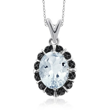 JewelersClub 1.66 Carat T.G.W. Aquamarine Gemstone and Black Diamond Accent Pendant