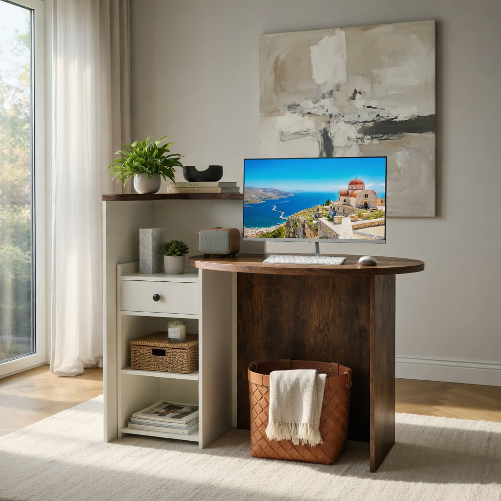 Demi Bonn Front Reception Office Desk with Open Shelf and Lockable Drawer, Small Home Computer Desk Study Writing Table, Brown + White