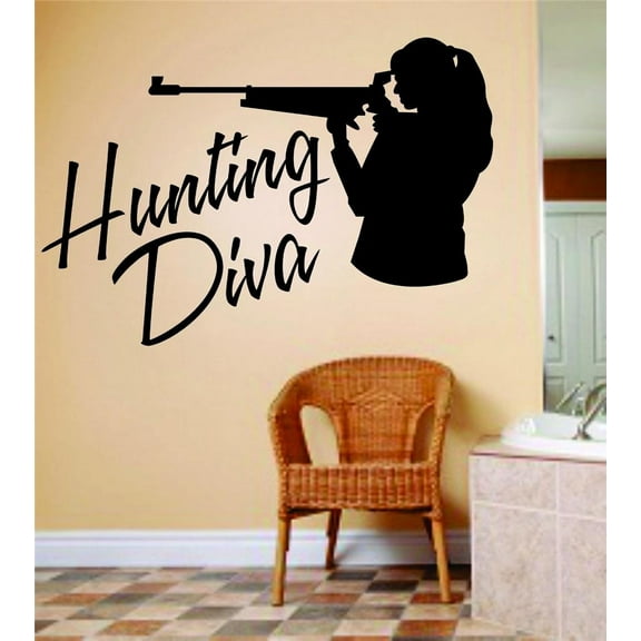 Hunting Diva Letters With Deer Buck Image Animal Hunting Hunter picture Art Girl Ladies Sticker Vinyl Wall Decal 10 X 20 Inches