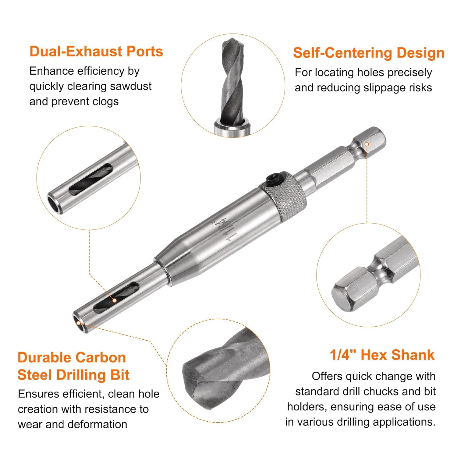 FRKSMD-2pcs Self Centering Drill Bit Set 11/64", 1/4" Hex Shank Drilling Bits for Wood Working, Cabinet Door Hinge Hole Punch Tool Self Center with Hex Keys L-Shaped, Silver