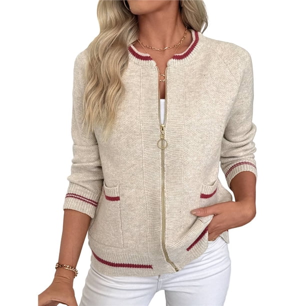 Cárdigan para Mujer, con Bloques de Color, Moda de Otoño, Suéteres con Botones, Abrigos de Invierno con Bolsillos. Albaricoque Gris S