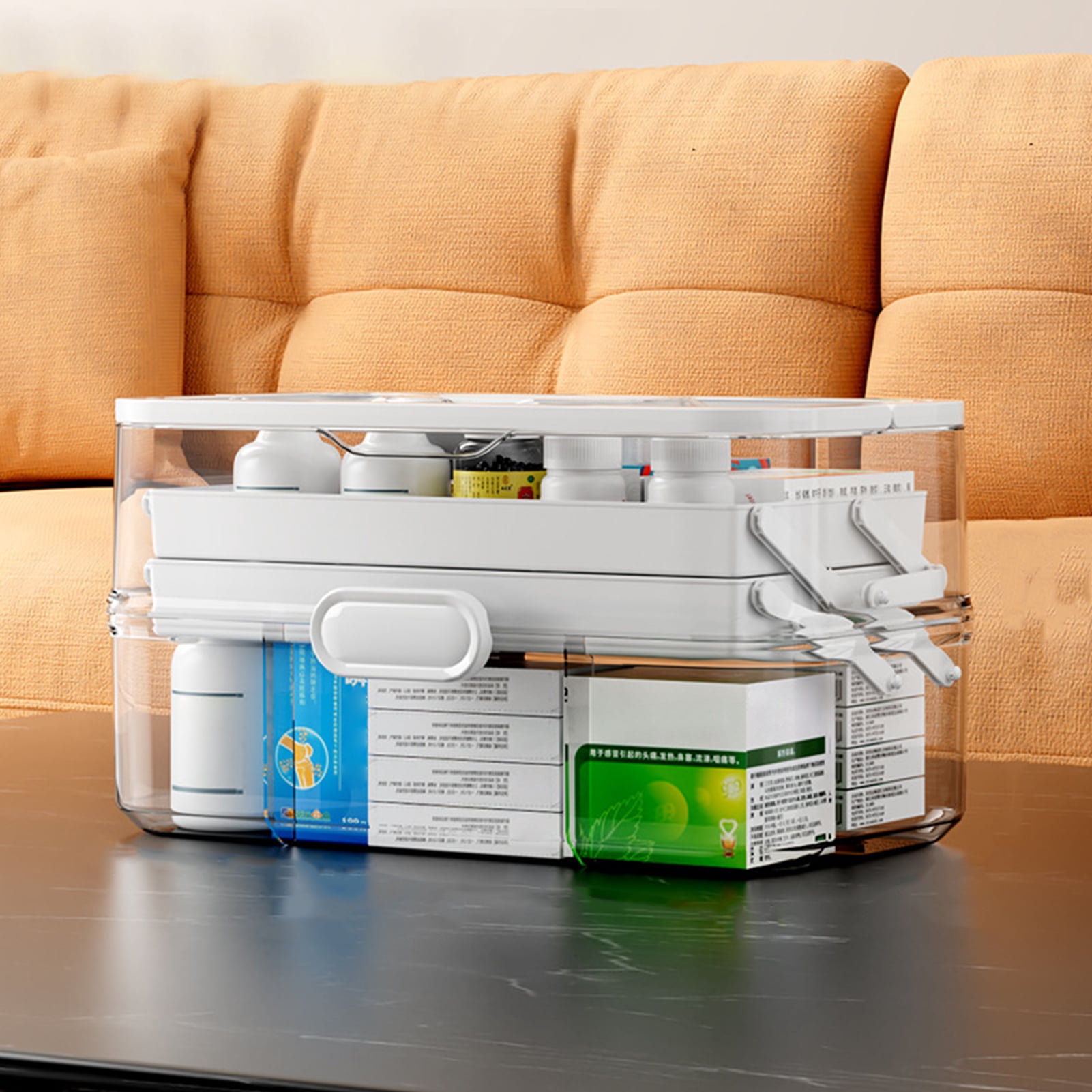 OIUR 3-Tier Portable Medicine Storage Box Large Capacity Dustproof Transparent Visual Design Multipurpose Pill Organizer