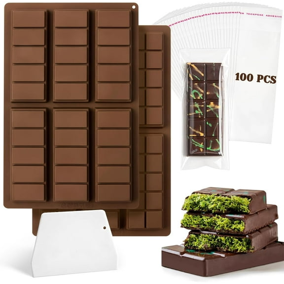 SUSWIM Chocolate Bar Mold Deep, 2 Pack Thick Silicone Candy Bar Mold with 100 Bags and Scrape for Pistachio Chocolate Stuffed