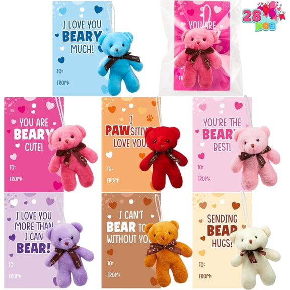 28 Packs Valentine's Day Gift Cards with Mini Bears Plush Toy Party Favors, Mini Stuffed Plush Toys for Valentines Day Gifts, Classroom School Exchange Prize