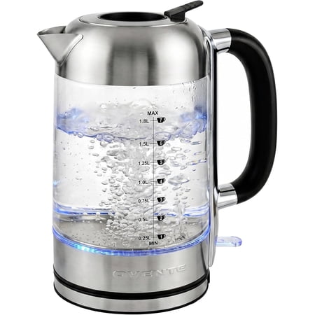 OVENTE Electric Kettle, 1500W No Plastic 1.8L Tea Kettle and Hot Water Boiler For Coffee or Tea, Easy to Fill Lid, Auto Shut-Off, Borosilicate Glass with Stainless Steel Filter, Silver KG71S
