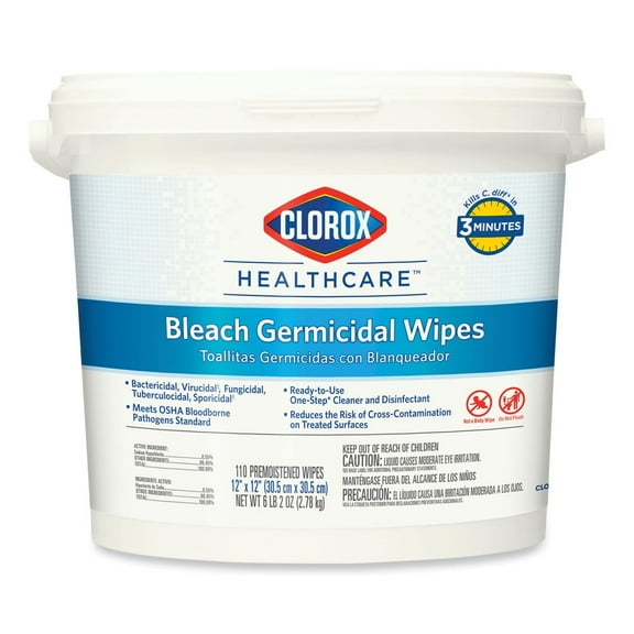 Clorox Healthcare Bleach Germicidal Wipes, 12 x 12, Unscented, 110/Bucket