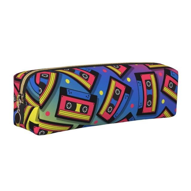 Fotbe Vintage Audio Cassettes Estuche para Lápices de Cuero con Estampado, Estuche con Cremallera Resistente, Organizador Compacto y Elegante para Papelería