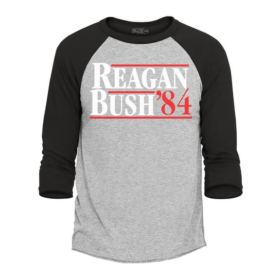 Shop4Ever Men's Reagan Bush '84 Retro President Campaign Raglan Baseball Shirt Small Heather Grey/Black