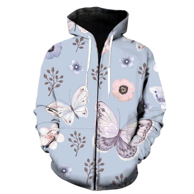 Sudadera con capucha con estampado 3D de mariposas de dibujos animados para hombre y mujer, estilo Harajuku, con cremallera