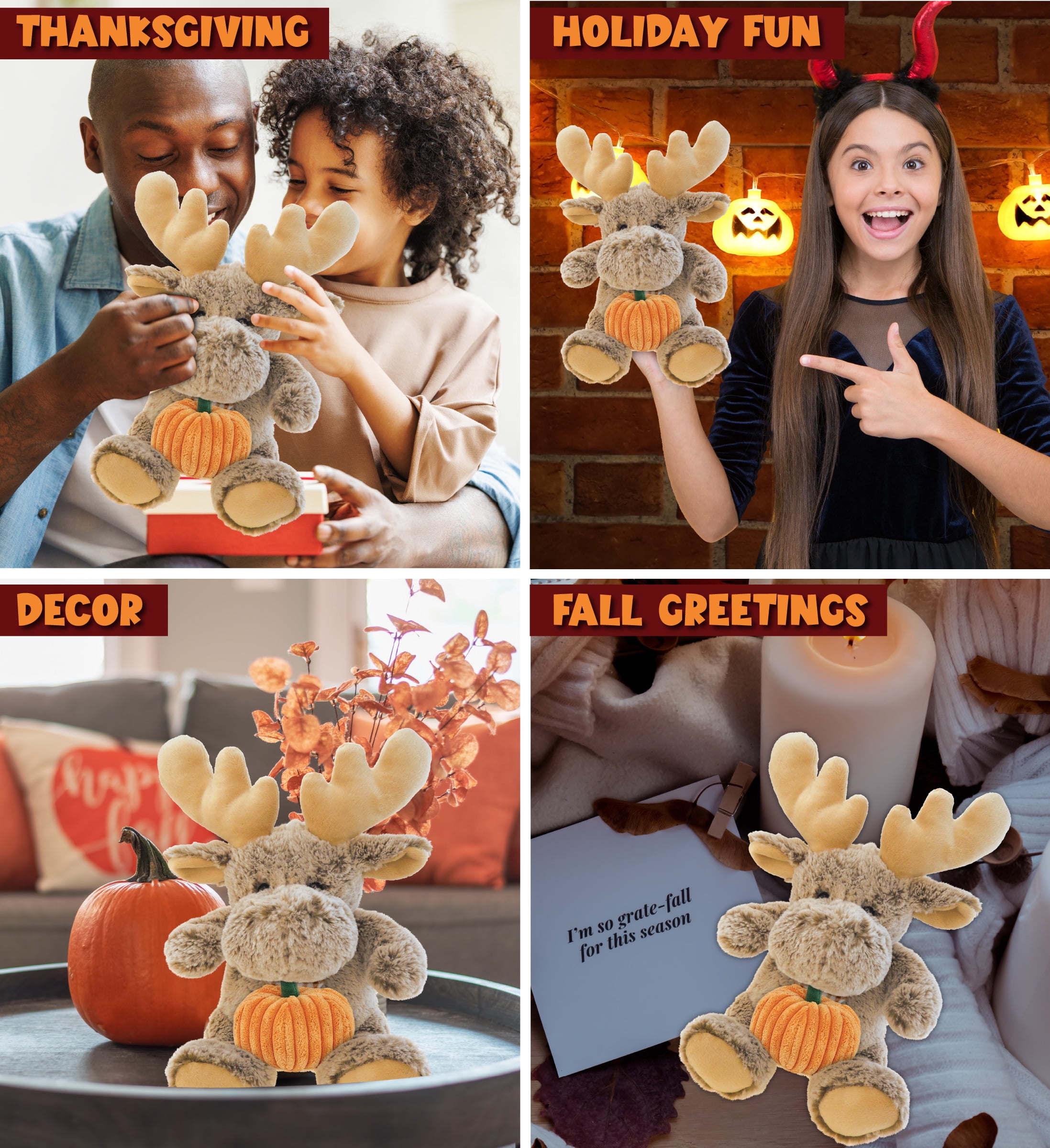 DolliBu Super Soft Sitting Moose Stuffed Animal with Pumpkin Decor - Pumpkin Plush Animal for Fall, Halloween and Thanksgiving, Pumpkin Toy for Baby, Kids, Adults - 11 Inches