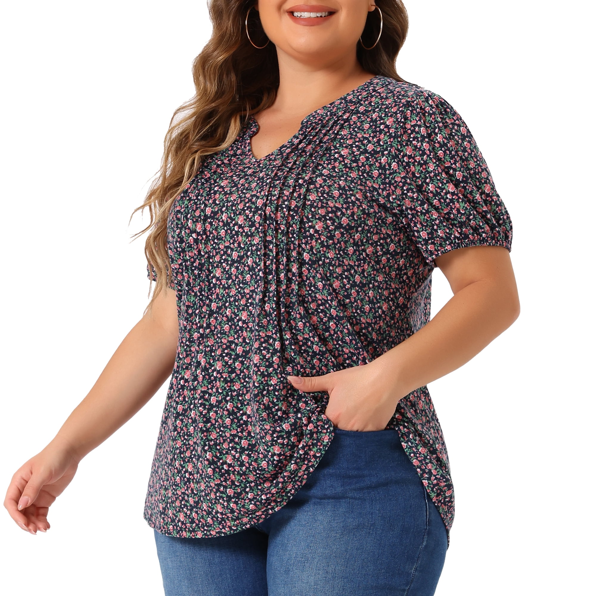 Women's Plus Short Sleeve Pleated T-Shirts Notched V Neck Floral Tops 6X Navy Blue