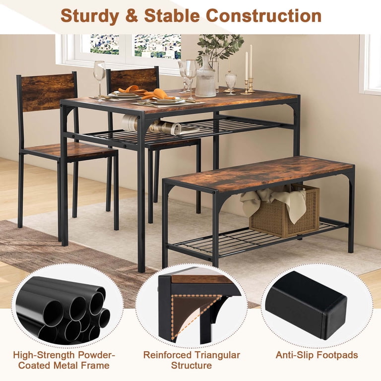 COSTWAY 5-Piece Dining Table And Chairs Set – Rectangular Wood Effect Table With 4 Chairs, Storage Shelf & Metal Frame, Rustic Brown-676449