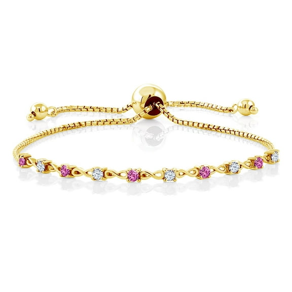 Gem Stone King 0.50 Ct Round Pink Created Sapphire 18K Yellow Gold Plated Silver Bracelet for Women