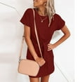 thumbnail image 2 of Tuphregyow Women's Trendy Dress Swing Dress Short Sleeve Round-Neck Dress Waist Tie Fashion Elegant Business Summer Soild Color Dress Red M, 2 of 3