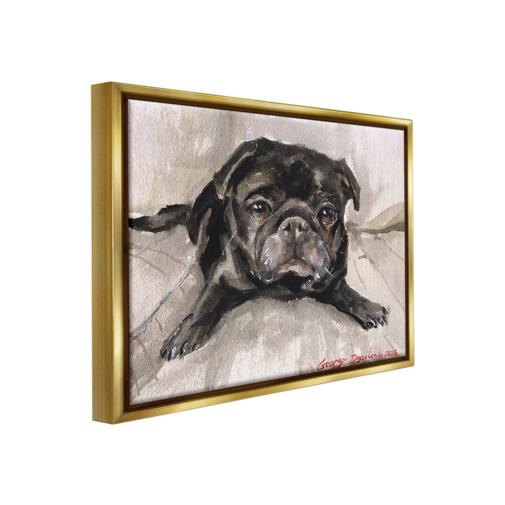 Stupell Industries Cozy Pug Relaxing Animals & Insects Painting Gold Floater Framed Canvas Art Print Wall Art, 21 x 17