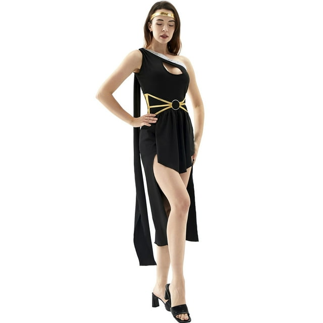 EYIIYE Robe Longue d'Halloween pour Femme Déesse à une Épaule Patchwork Robe Irrégulière Robe de Cosplay Unie avec Bandeau pour Costume d'Halloween
