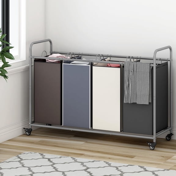 4 Bag Laundry Basket Sorter Laundry Hamper Cart with Heavy Duty Rolling Lockable Wheels and Removable Bags Organiser