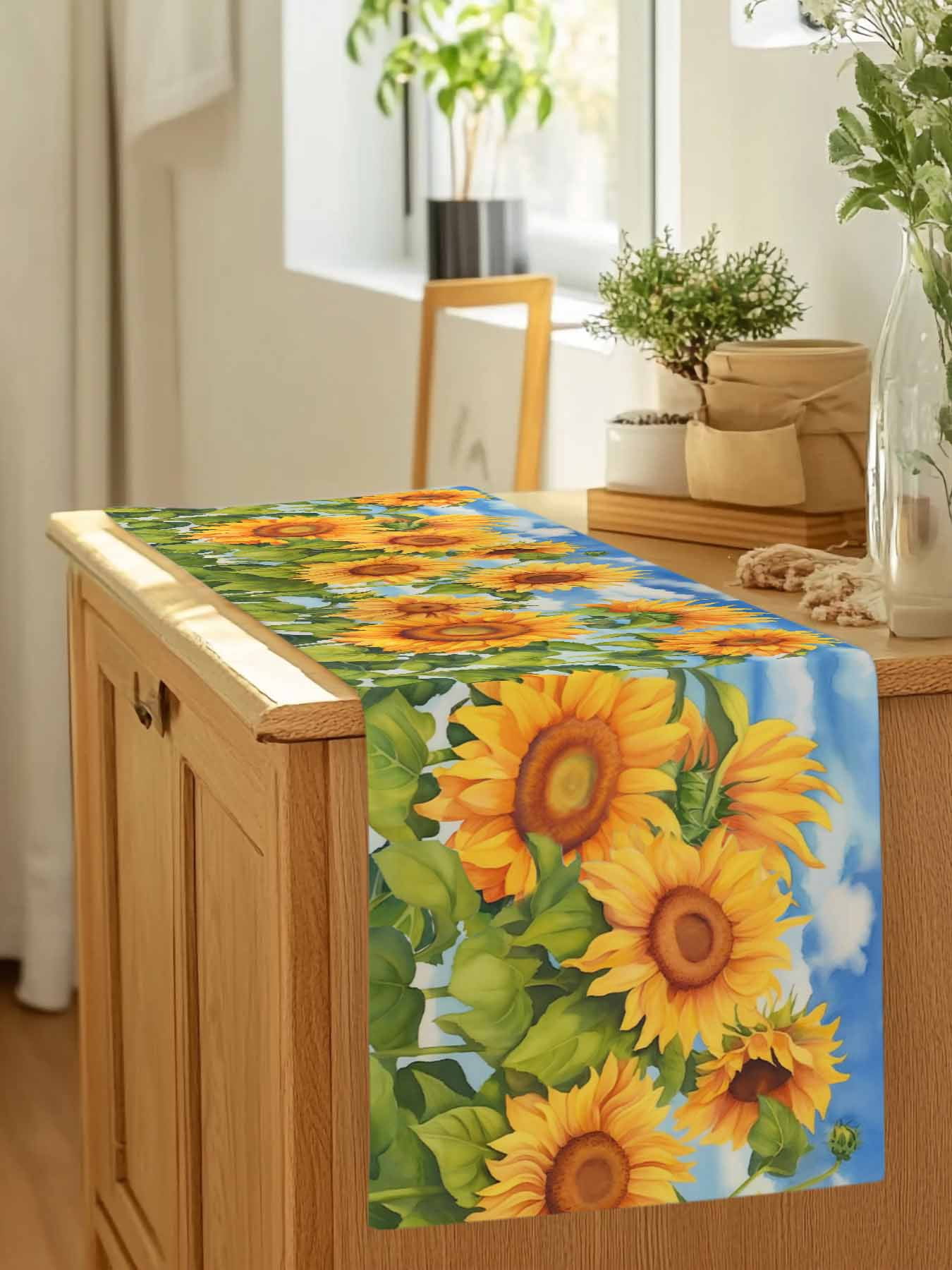 Farm Spring Garden Sunflower Table Runner 90 Inches Long, Floral Green Leaves Blue Sky Table Runners Tabletop Scarf Kitchen Dining Tables Decoration for Home Party Indoor Outdoor