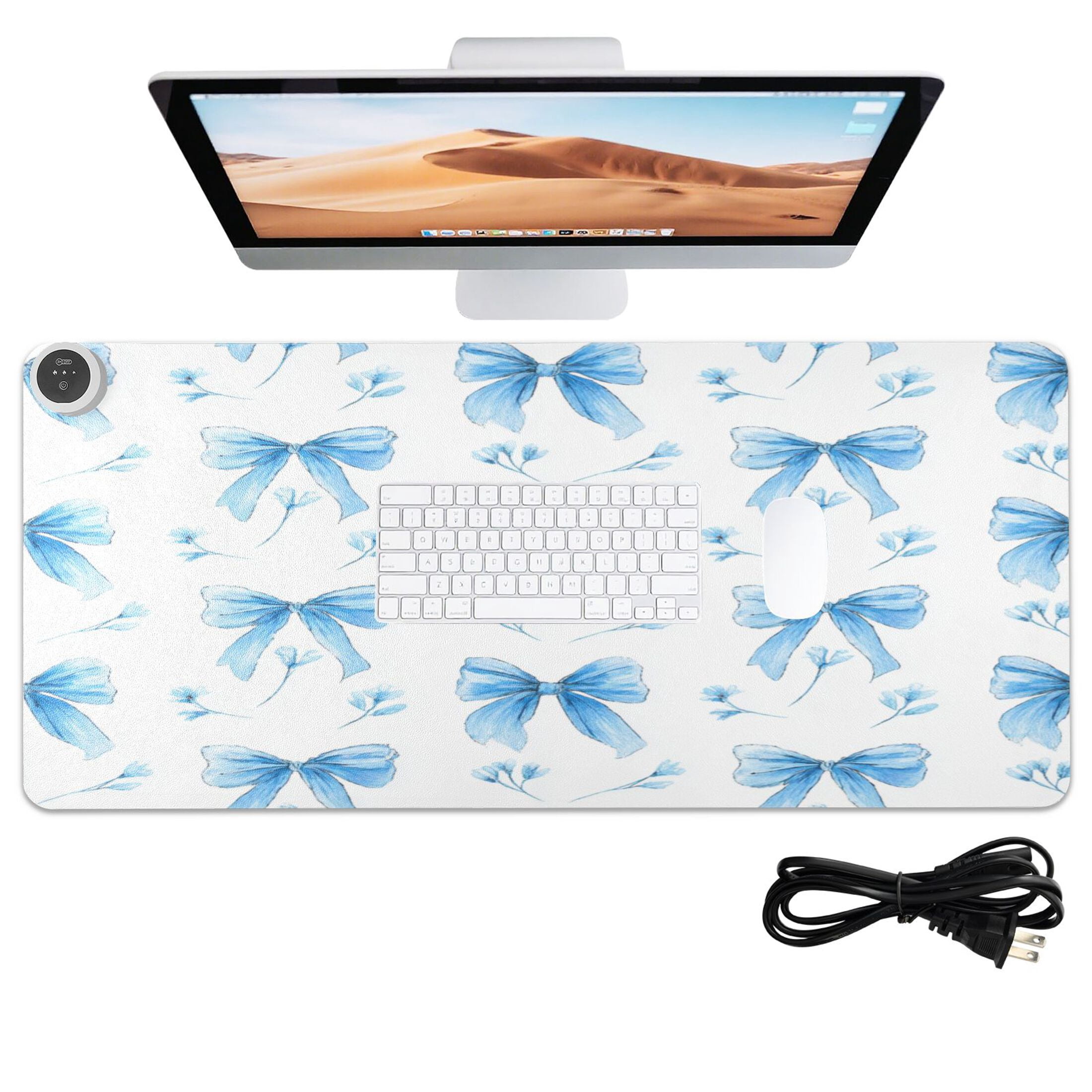 Large Heated Desk Mat Mouse Pad 31.5"x13"PU Leather Graphene Heating Desk Warmer with 3 Temperature Settings 110V US Plug Non-Slip Warm Pad for Home, Office, and Gaming Delicate Blue Bow Pairs