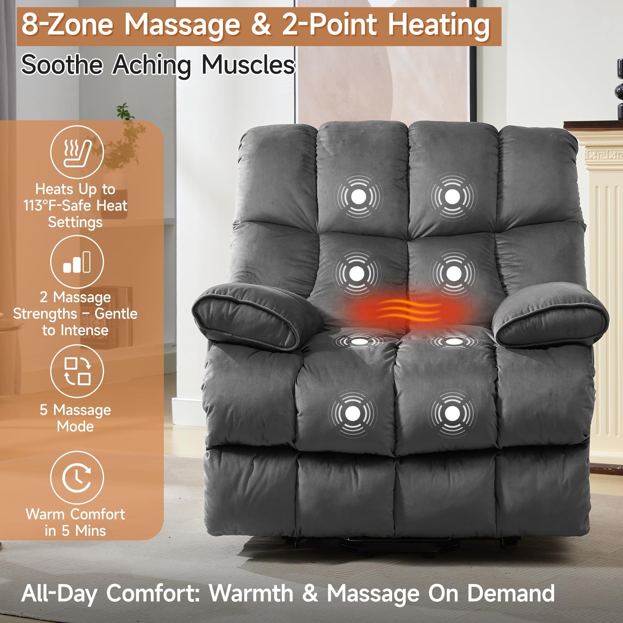 Alwalue Manual Recliner Chair with Micro Leather Overstuffed Single Sofa with Footrest & Headrest Suitable for Small Spaces - Light Gray