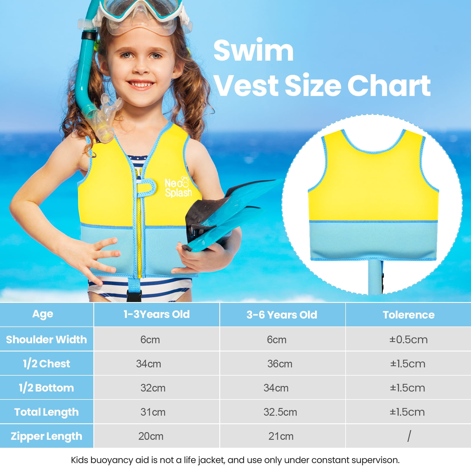 NEO-SPLASH Toddler Swim Vest, Neoprene Life Jackets for Kids Ages 3-6 (41.8-66.1 lbs), Yellow Blue