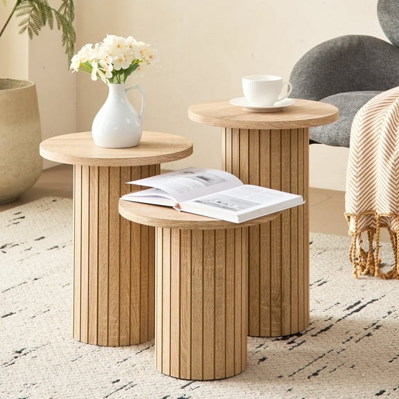 3-Piece Nesting Coffee Table Set, Modern Small Round Wood Side Tables, Fluted Drum Base, for Living Room, Bedroom, Apartment, Small Space, Sofa, Natural