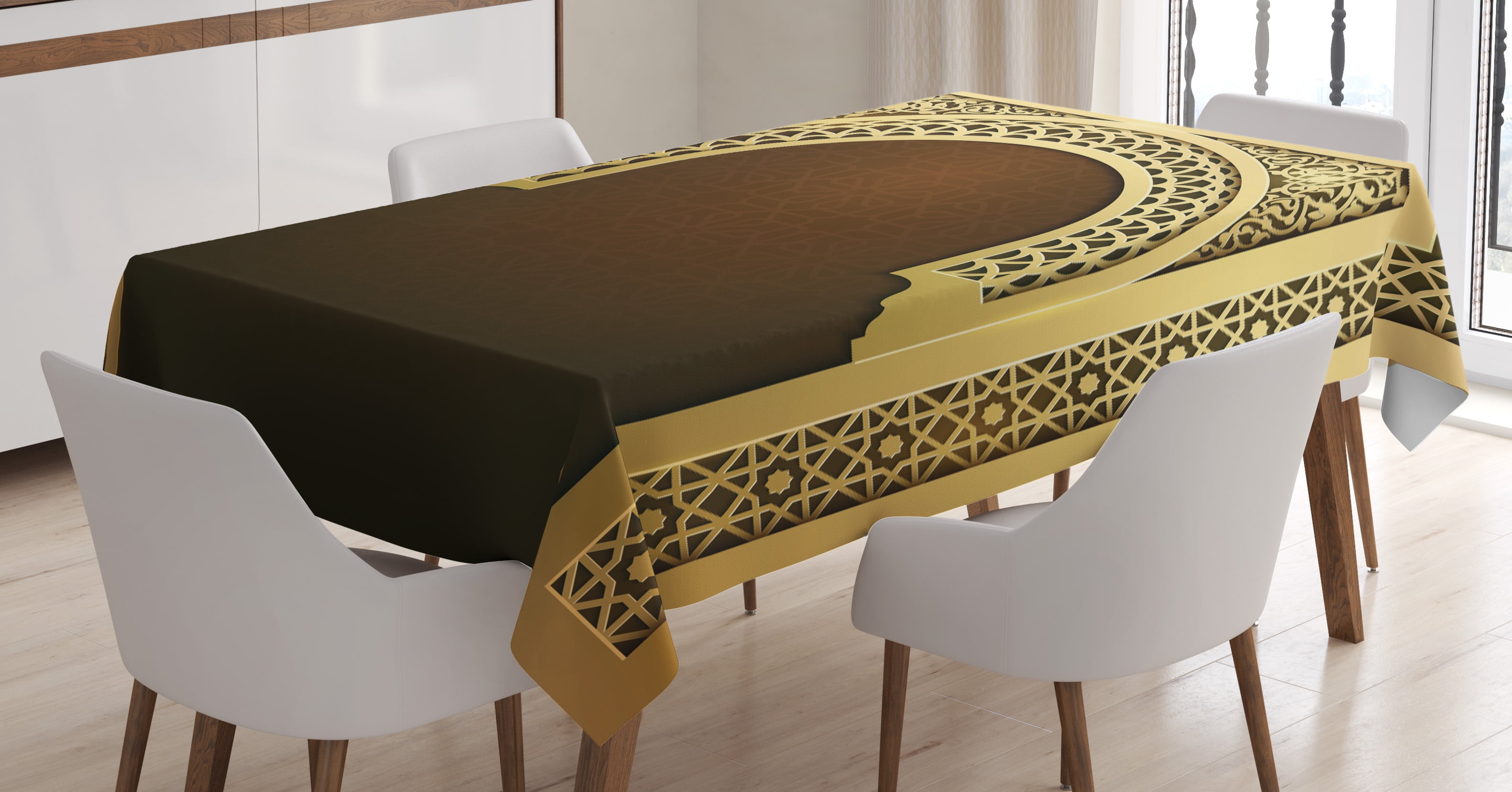 Moroccan Tablecloth, Middle Eastern Ramadan Greeting Scroll Arch Figure... by Kozmos