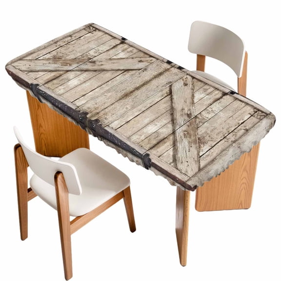 Farmhouse Wood Grain Table Cloths for 5 Foot Rectangle Tables, Vintage Country Barn Gate Brown Patio Waterproof Elastic Fitted Tablecloths, Washable Rectangular Table Cover for Camping