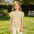 thumbnail image 3 of HAiming Girls Summer Tops Striped Short Sleeve Color Block Loose Casual Trendy T Shirts Scoop Neck Blouses Vacation Workout Kids Tops, 3 of 8