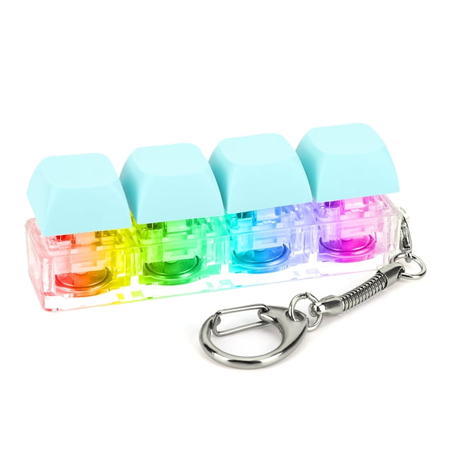 tecla mecánica botón juguete alivio del estrés teclado descompresión llavero 4 teclas con led DIY para adultos aliviar el pasar tiempo. Vista frontal centrada de un llavero de 4 teclas con capuchones azul lago sobre una base transparente; cada tecla muestra LEDs multicolores visibles a través de la carcasa; incluye aro metálico y cadena enrollada. Apto como accesorio decorativo o juguete antiestrés para pasar el tiempo.