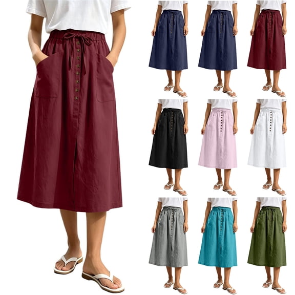 HBGVBA Women Linen Midi Skirt with Pockets,Solid Color Faux Skirt Elastic Waist Front Button Split Pocket Ankle Length