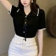 thumbnail image 4 of Blusa de punto con cuello vuelto para mujer, blusa de manga corta con un solo pecho y lazo a cuadros en la parte delantera, Top elegante negro, talla libre 77,2? 132,3 lb, 4 of 8