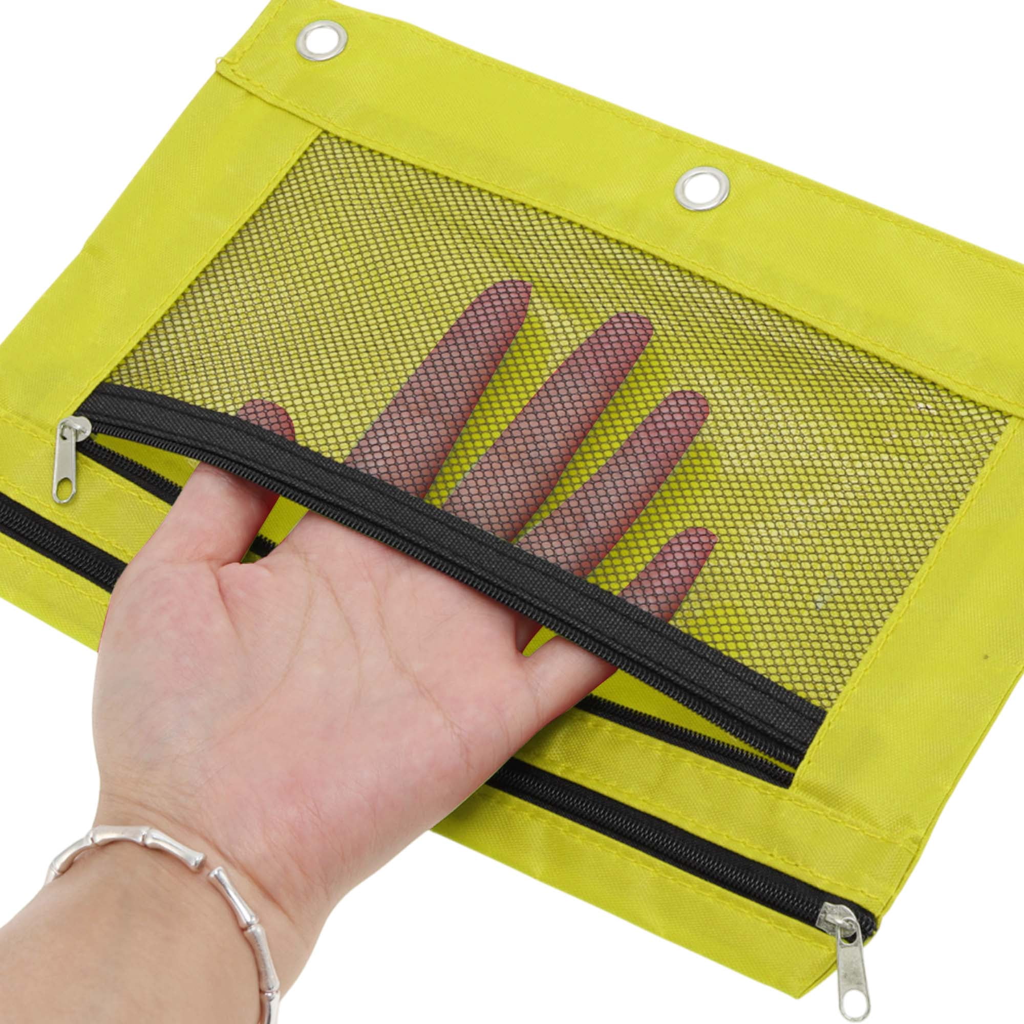 Unique Bargains Smooth Zipper Clear Mesh Double Layer Pencil Case for 3 Ring Binder Yellow