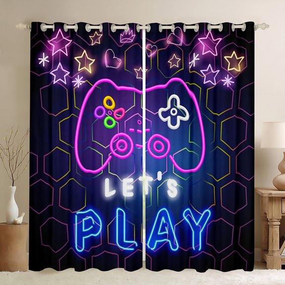 jejeloiu Modern Gamer Gaming Curtains Pack of 2 (42x84 Each),Cartoon Console Game Curtains Blackout,Purple Blue Black Bedroom Curtains For Boys Teens,Ultra Soft Home Decor