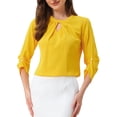 thumbnail image 1 of CURVOSPORT Camisa Elegante para Mujeres, Top de Oficina con Abertura Clave, Frente Plisado, Manga 3/4, Blusa de Chifón XL Amarilla, 1 of 6