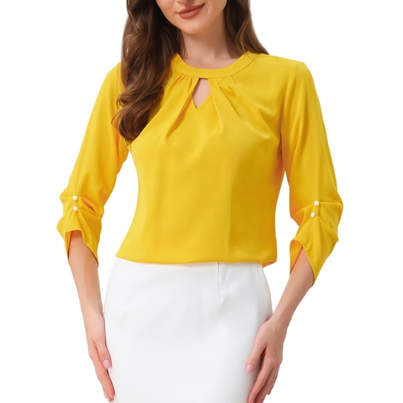CURVOSPORT Camisa Elegante para Mujeres, Top de Oficina con Abertura Clave, Frente Plisado, Manga 3/4, Blusa de Chifón XL Amarilla