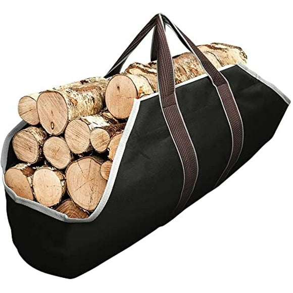 Amagabeli Grand Sac de Transport en Toile pour Bois de Chauffage, Support de Bûches pour Cheminée Intérieure, Support de Bois Tubulaire en Bouleau pour Extérieur, Ensemble d'Outils pour Poêle à Feu, Panier Noir BG001