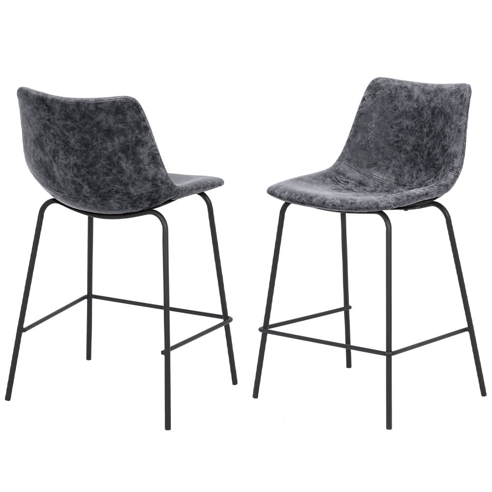 Abble 24 inch Bar Stools Set of 2, Faux Leather Bar Chair Upholstered Low Back Kitchen Counter Height Stools with Sled Base, Floor-Scratch Protection, Charcoal Gray