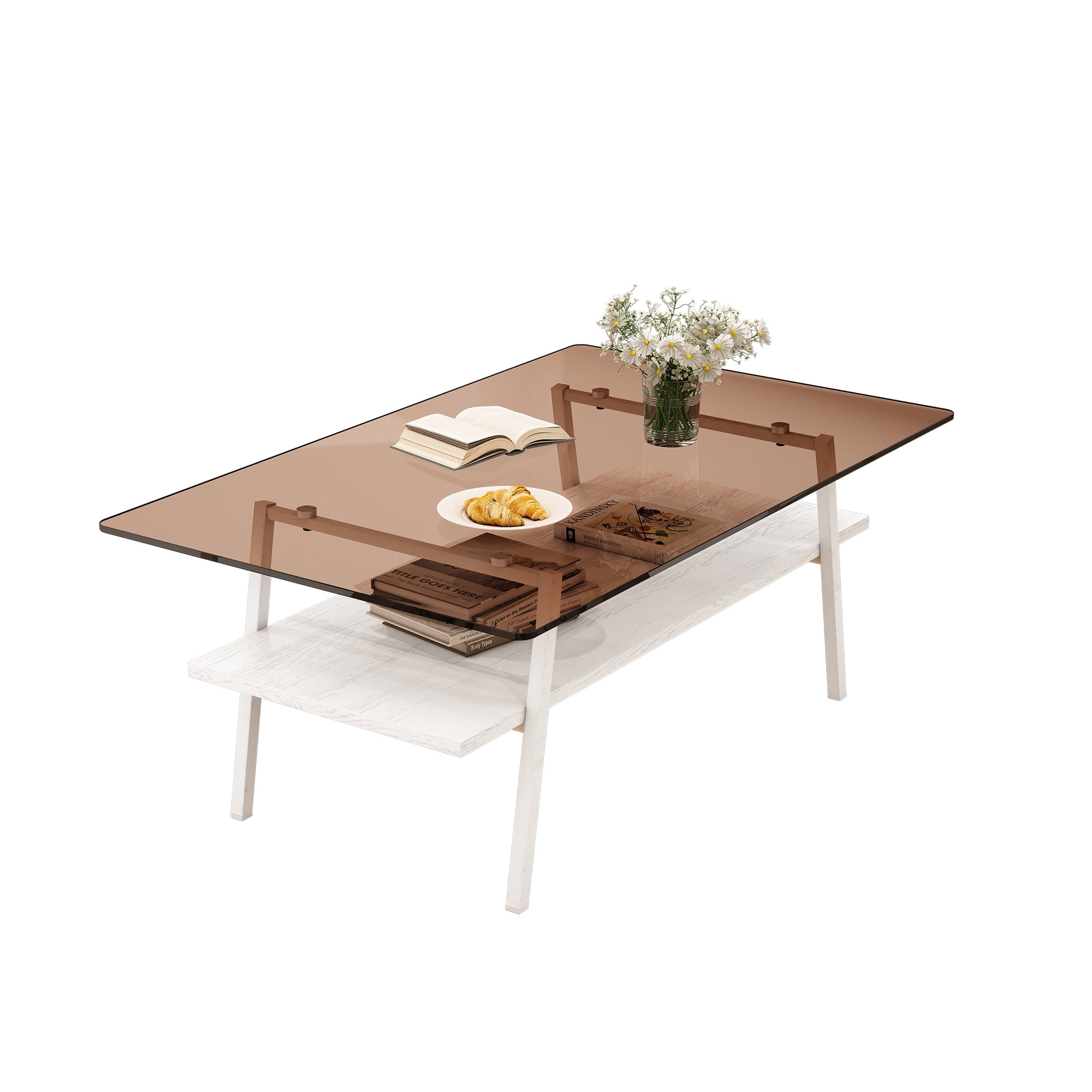 MAYEERTY Rectangle Coffee Table with Brown Tempered Glass Top and White Metal Legs