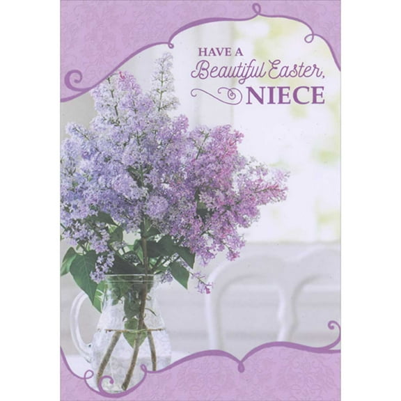 Designer Greetings Beautiful Easter: Sparkling Purple Flowers in Glass Pitcher Photo Easter Card for Niece
