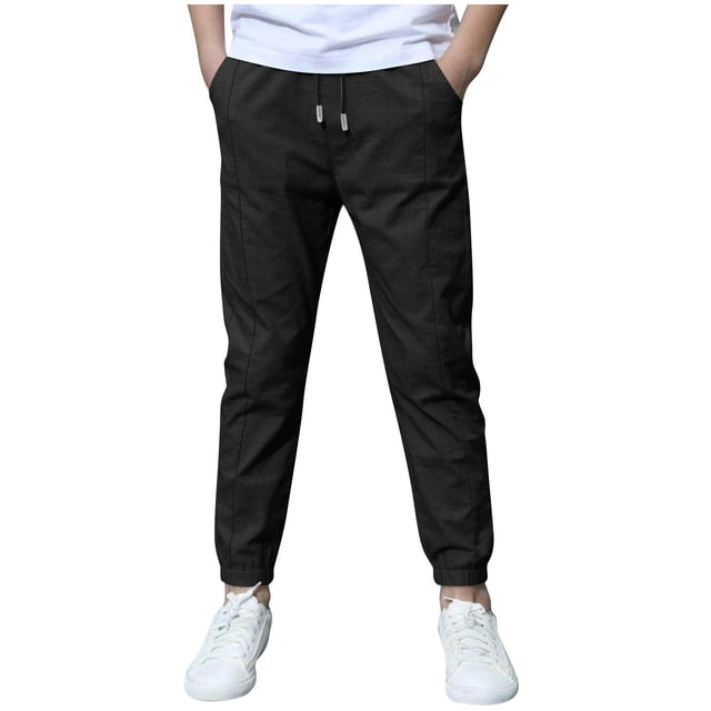 HomeGardon Linen Boys Pants School Uniform Elastic Waist Drawstring Chino Pants with Pockets Solid Color Trousers Summer Jogger Pants