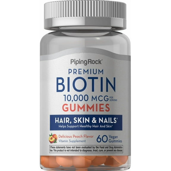 Biotin 10000mcg Gummies | 60 Count | Hair Skin and Nails Supplement for Adults | Peach Flavor | by Piping Rock