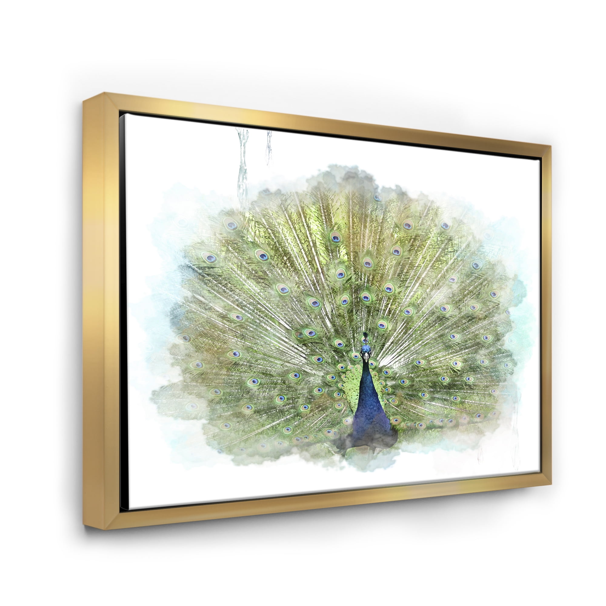 Dancing Peacock Bird 32 in x 24 in Framed Painting Canvas Art Print, by Designart