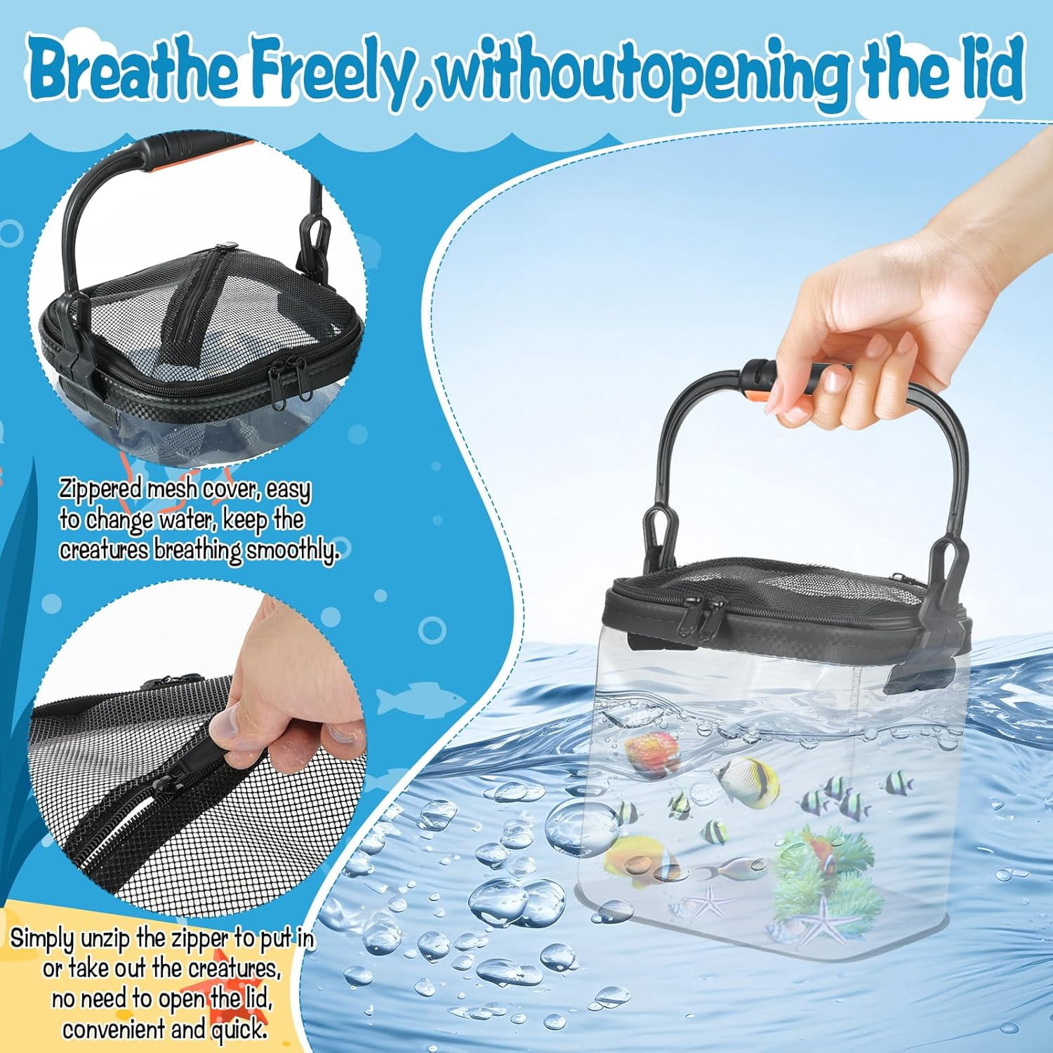 2 Sets Catch Plastic Beach Aquarium Kit, Release Aquarium Box for Beach with Retractable Net Bag and Transparent Portable Handheld（Black）