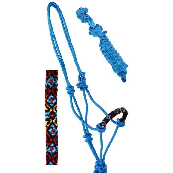 Nylon Horse Braided Beaded Noseband Rope HALTER Lead Rope Tack Blue 606RT33